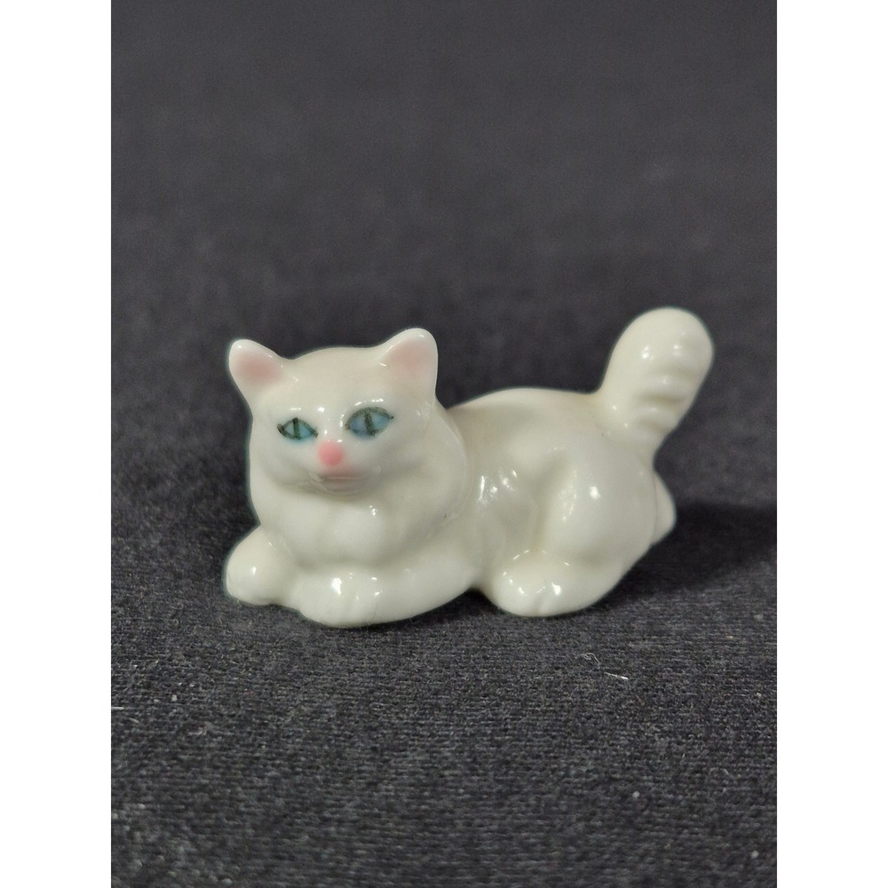 Miniature White Porcelain Cat Figurine Blue Eyes Pink Nose Tiny Collectible